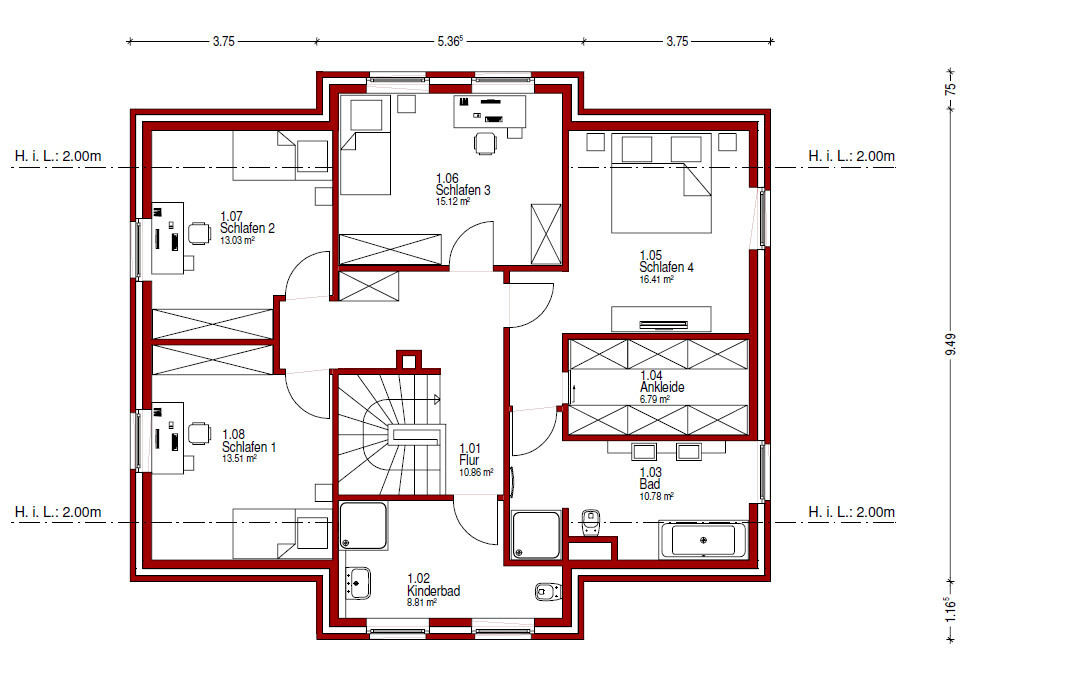 Floor plan of an upper floor with corridor, stairwell, 4 bedrooms, dressing room, bathroom, and children’s bathroom