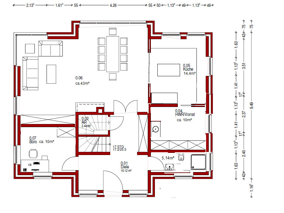 Grundriss eines Hauses im Erdgeschoss mit Diele, Büro, AR, HWR, Küche und Wohnbereich.