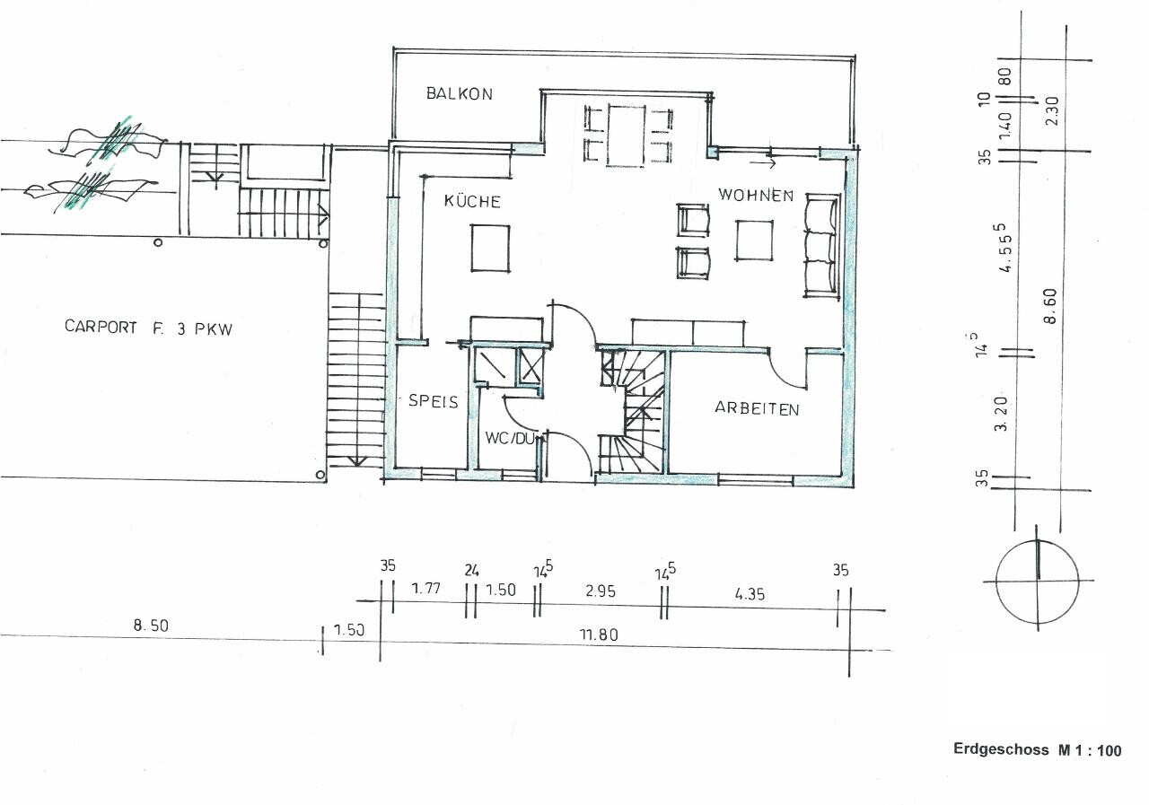 Ground floor plan of a house with kitchen, living, pantry, study, and balcony
