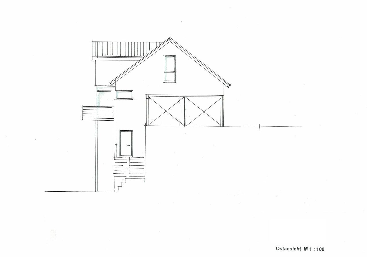 Architectural drawing of an east view of a two-storey single-family house with garage and stairs