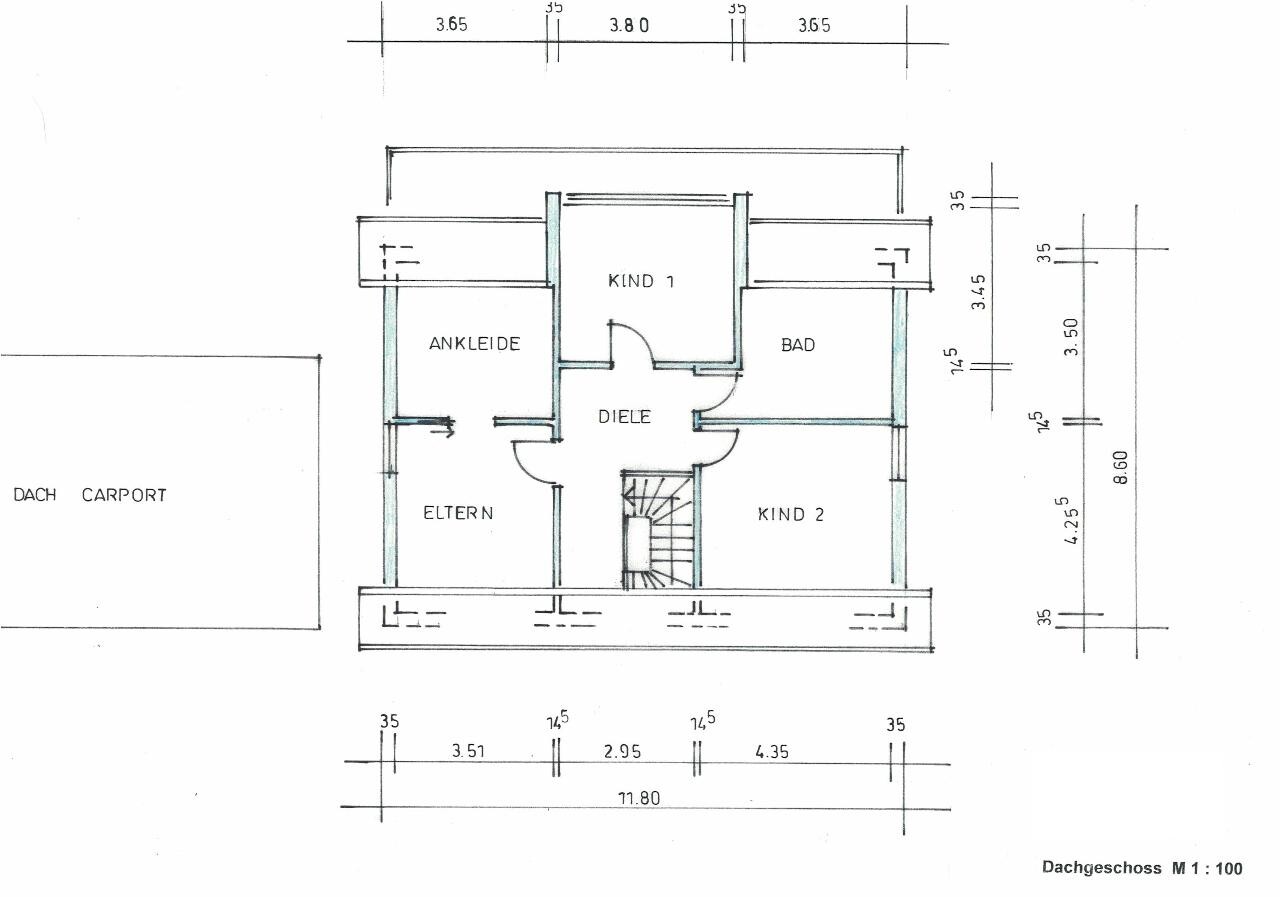 Attic floor plan with master and children’s bedrooms, bathroom, hallway, and dressing room.