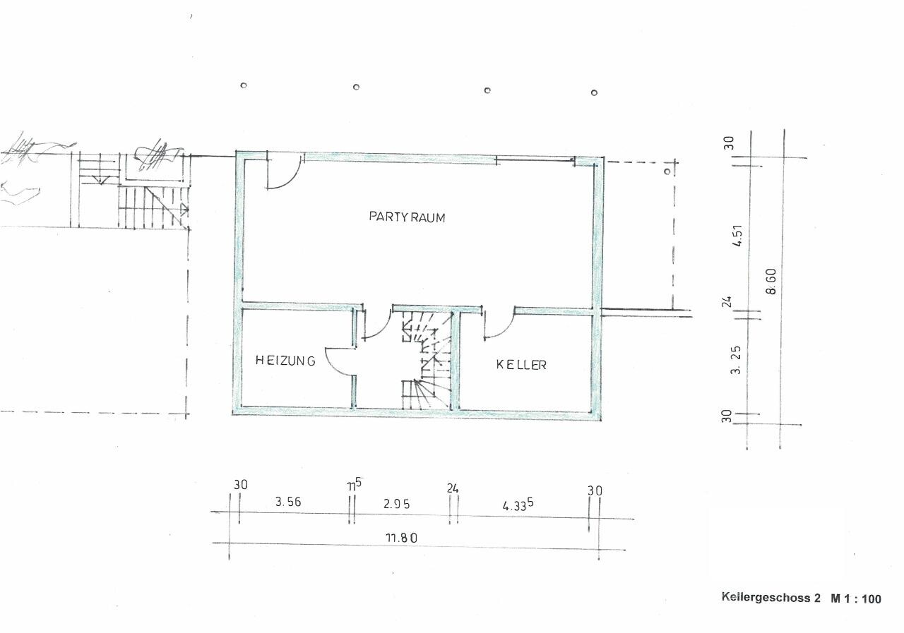 Basement floor plan with party room, heating system, and cellar room