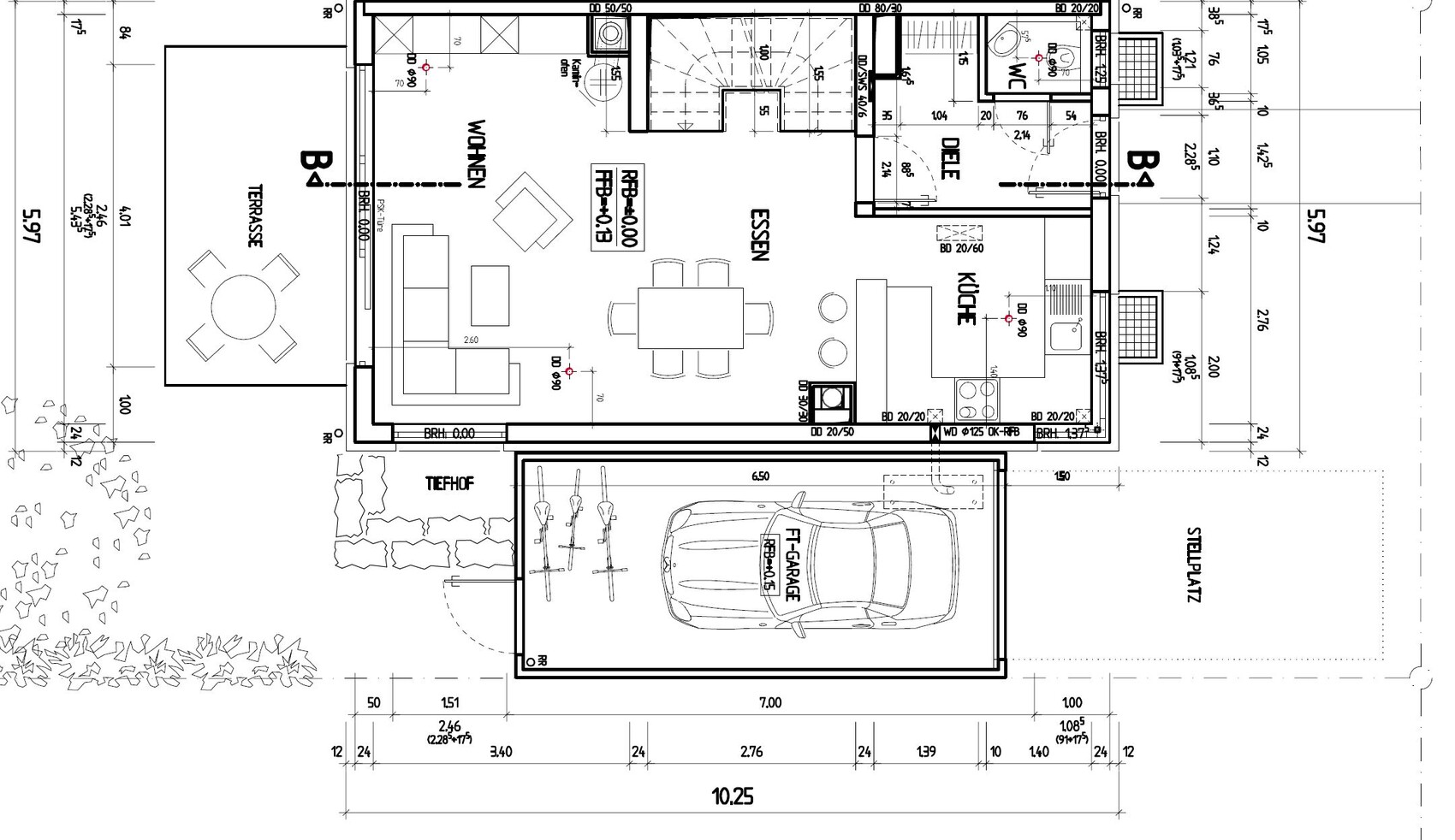 Grundrissplan eines Hauses mit Wohnzimmer, Essbereich, Küche, Terrasse und Garage