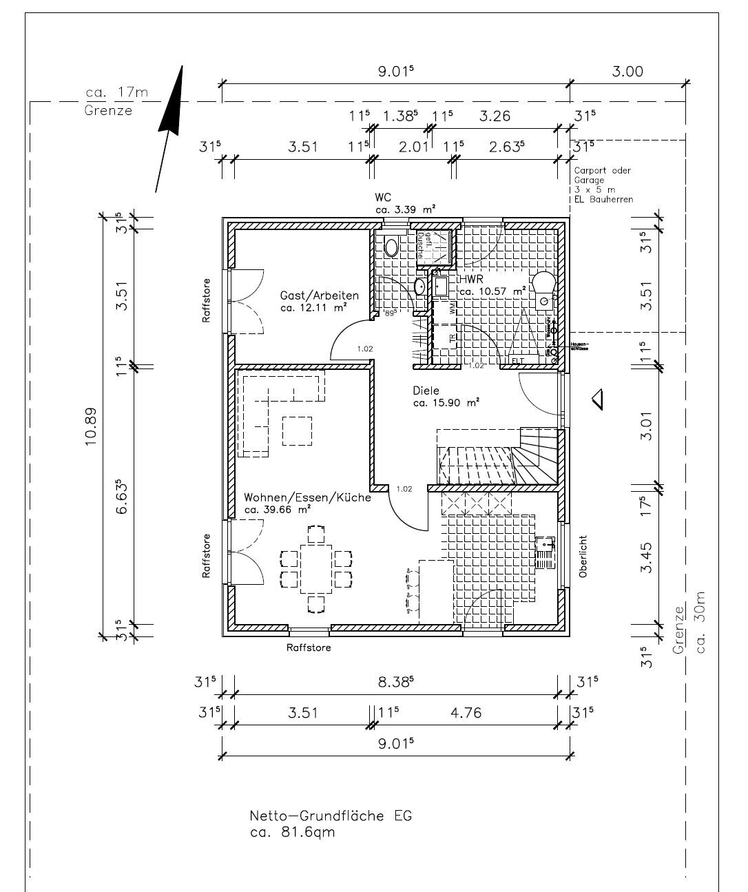 Ground floor plan: living/dining/kitchen, guest/study, entrance hall, WC, utility room, stairs.