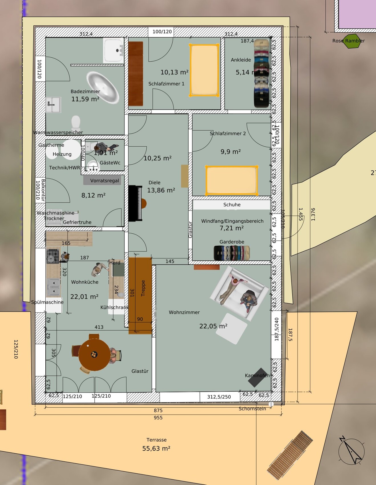 Grundriss eines Hauses mit Küche, Wohnzimmer, Schlafzimmern, Bad und Terrasse.