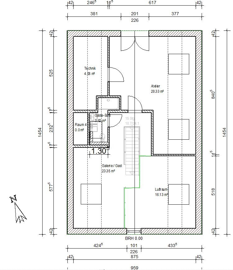 Floor plan of an upper floor with studio, gallery/guest area, technical room, and open space.
