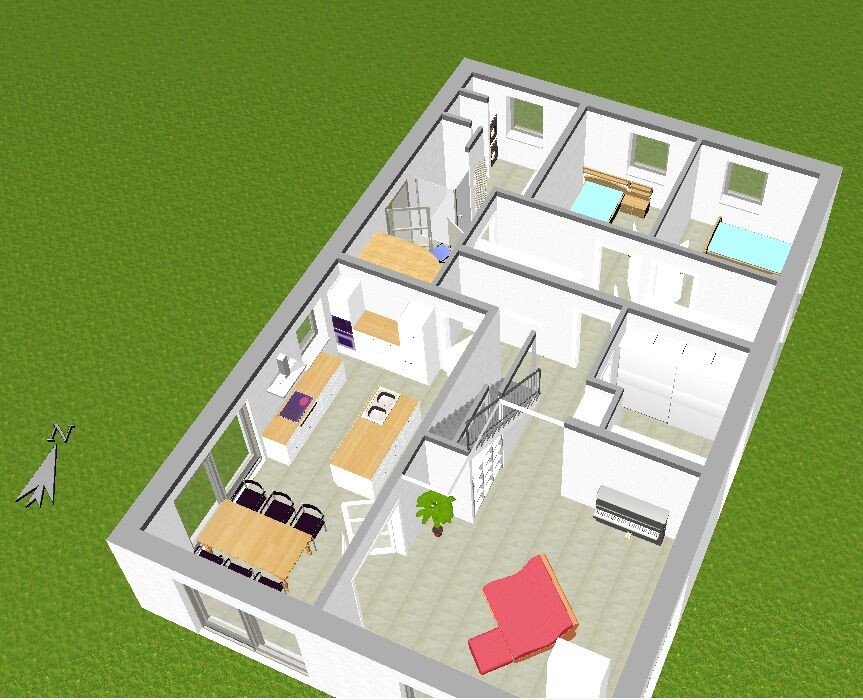 Isometric house floor plan: kitchen with dining table, living room with red sofa, two bedrooms.