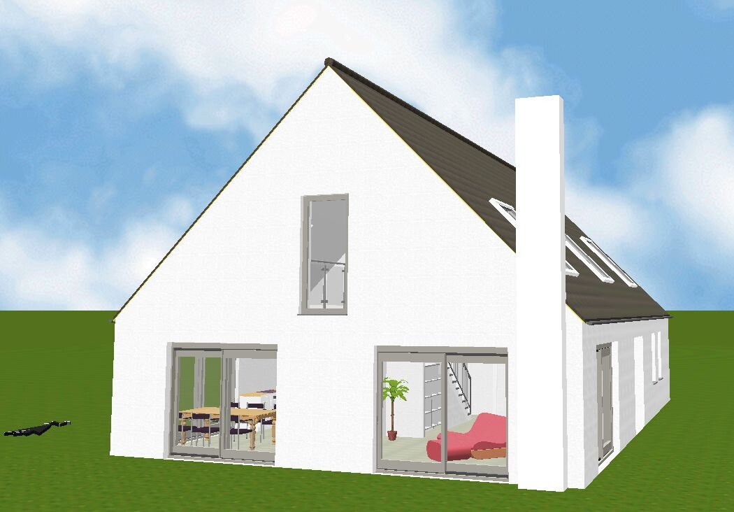 White house with pitched roof on green lawn; glass sliding doors show living room with sofa and plant.