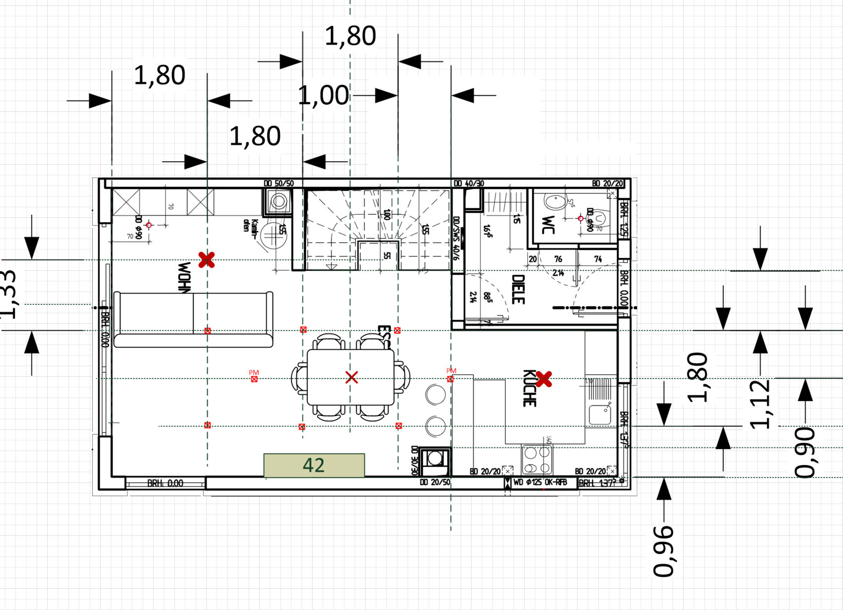 Grundriss einer Wohnung: offener Wohn- und Essbereich, Küche, Diele, WC, Treppe