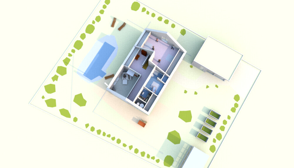 3D house model on a building plot with garden and trees