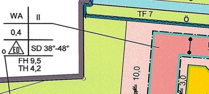 Plot plan with color-coded areas and building footprints