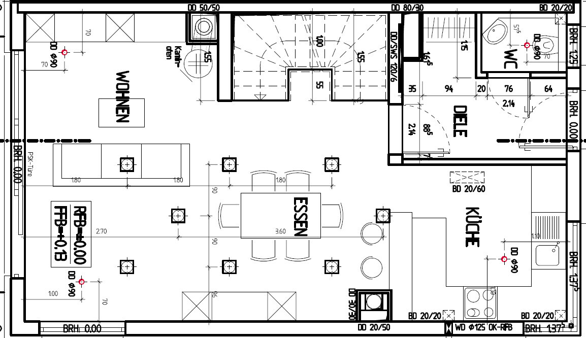 Floor plan of an apartment: Open living, dining, and kitchen with island; bathroom and toilet.