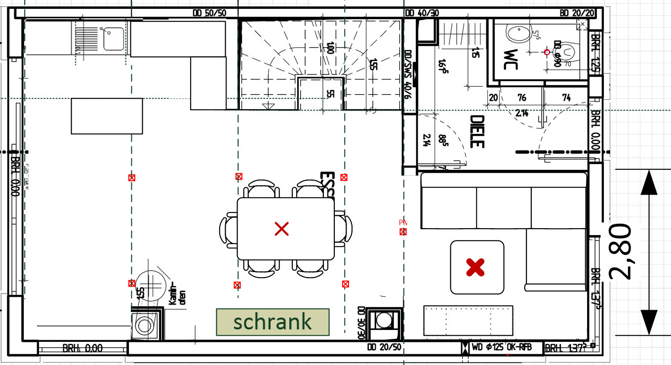 Floor plan of a living and dining area with dining table, chairs, sofa, kitchen, cupboard, and WC.