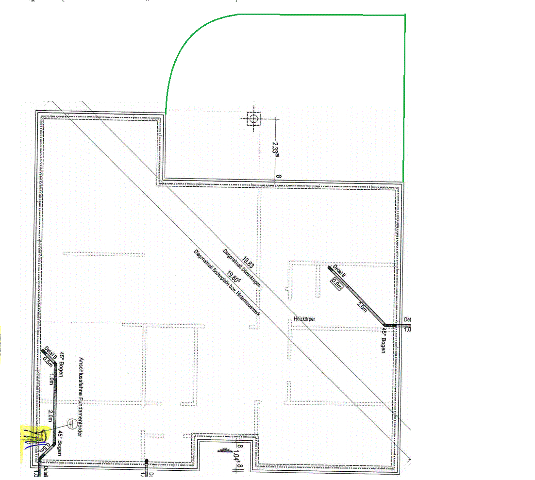 2D floor plan of a house with dimension lines and markings, green outline in the upper area