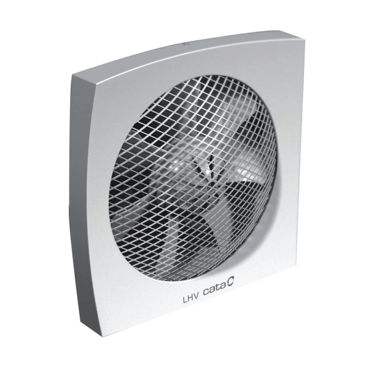 Weißer quadratischer Wandventilator mit runder Gitterabdeckung und sichtbarem Ventilator dahinter