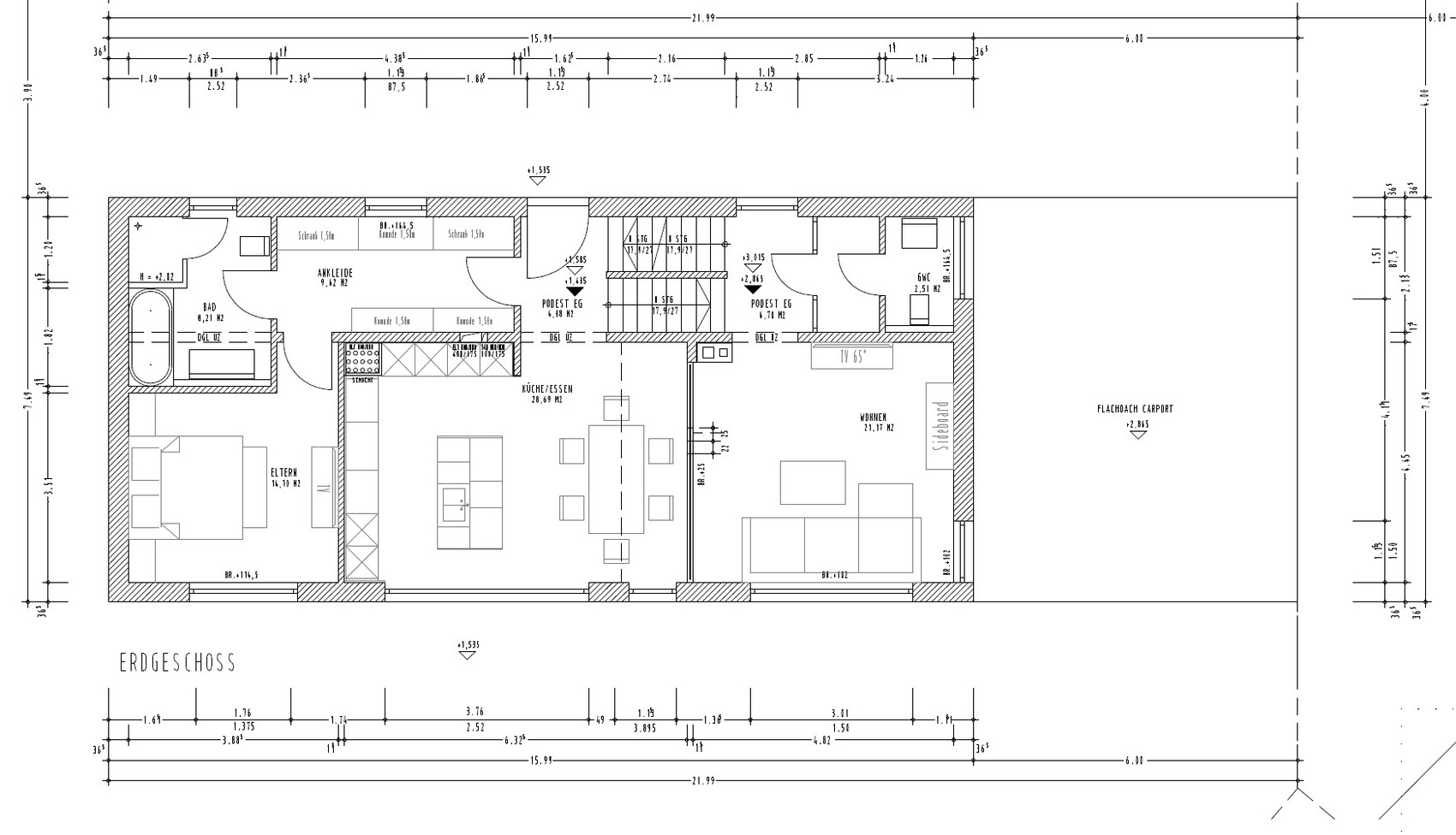 Ground floor plan: kitchen/dining, living room, master bedroom, bathroom, dressing room, carport.