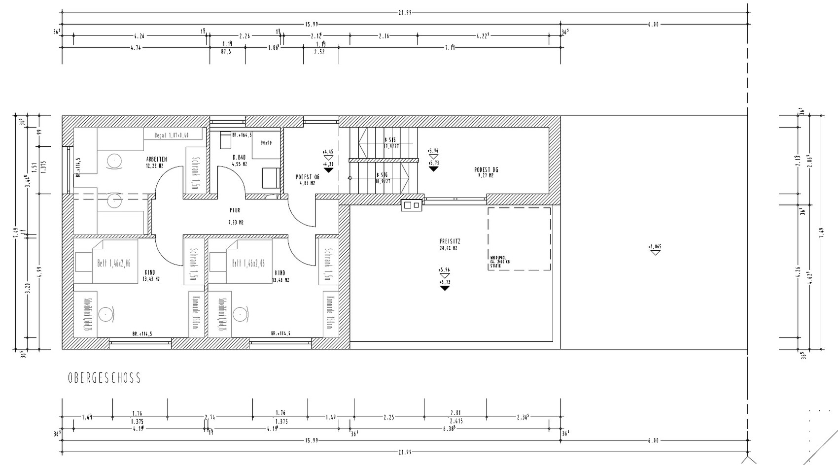 Upper floor plan: hallway, bedroom, children’s room, office, bathroom, stairwell.