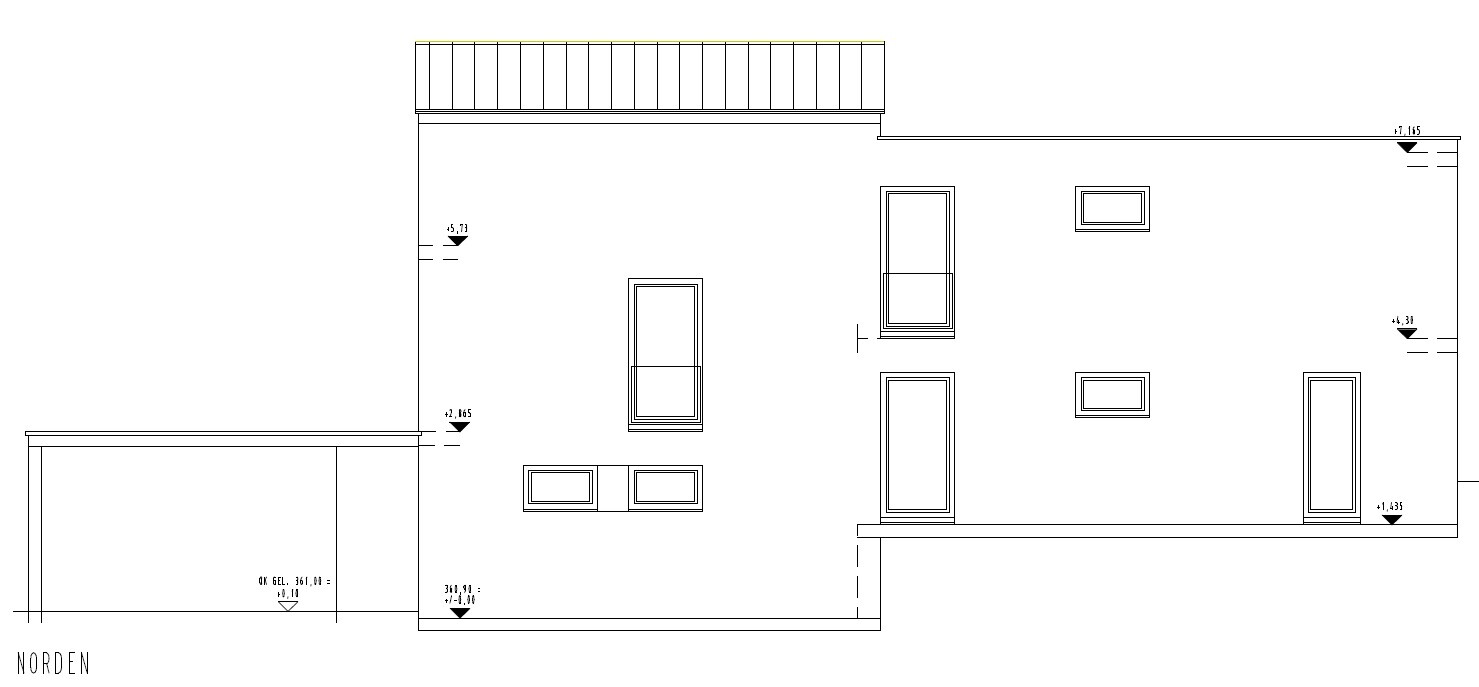 North elevation of a building with windows, doors, and clear lines.