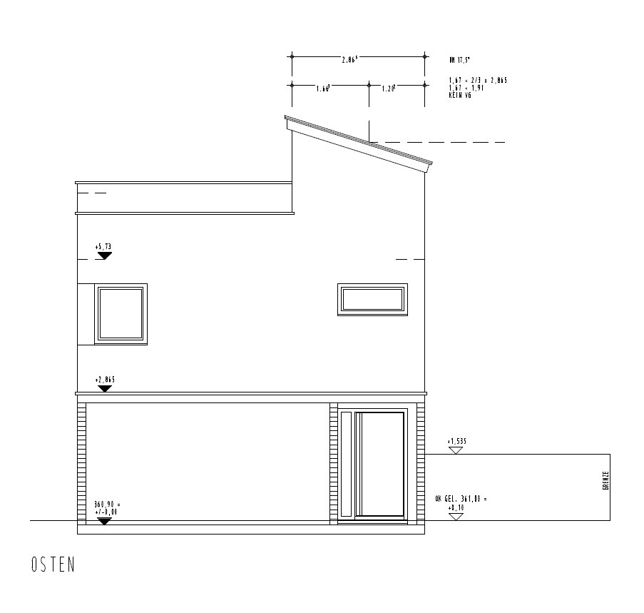 Architectural drawing: east elevation of a modern two-story house with pitched roof and windows.
