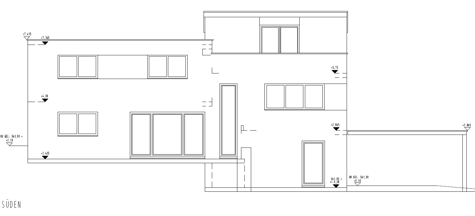 Modern two-story house facade with large windows and garage area, south elevation.