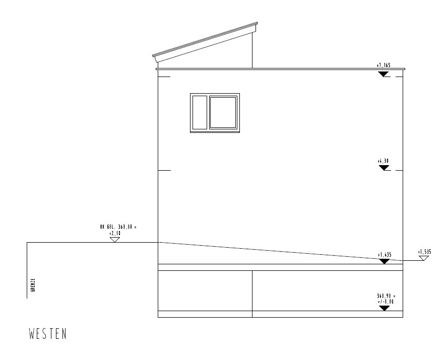 West elevation of a modern house with sloped roof, windows, and dimension notes.