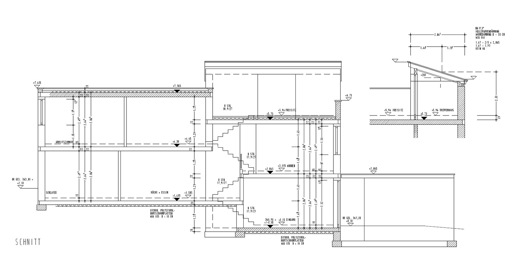Building section of a multi-story house with stairwell, kitchen + dining, living, sleeping areas.