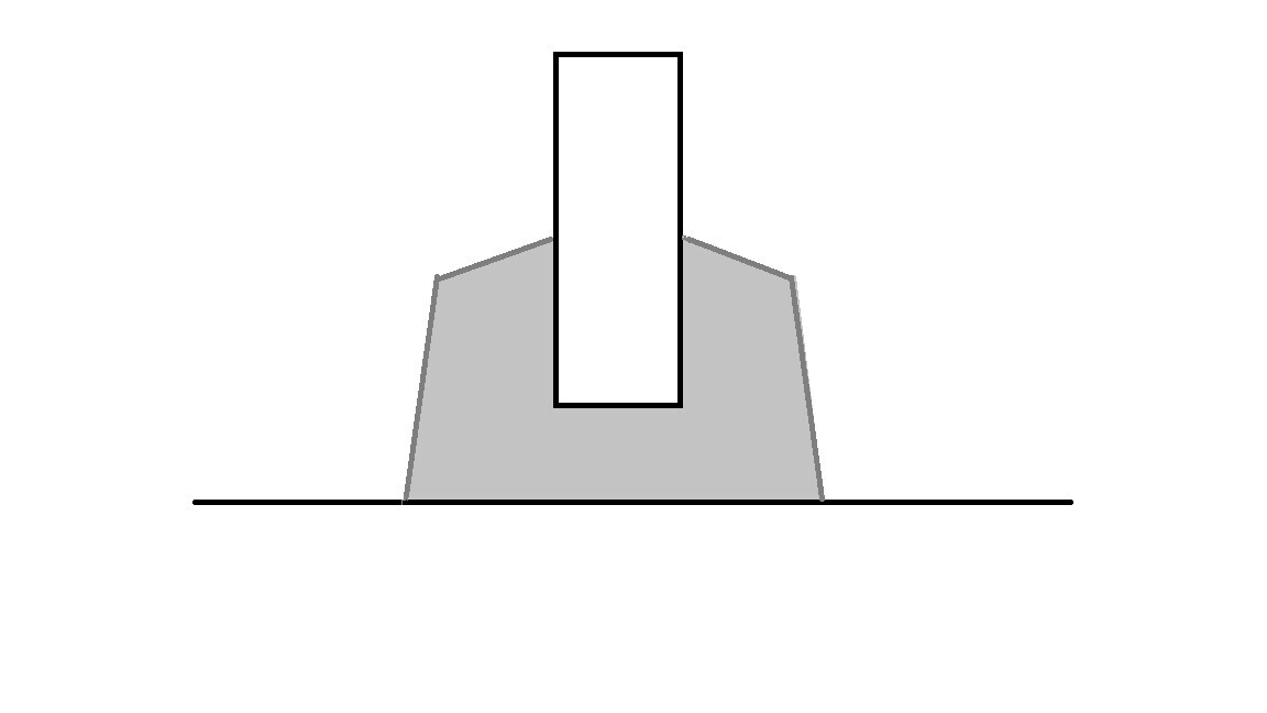 Schematische Bauzeichnung mit schwarzem Turm über grauem Fundament auf Bodenlinie.