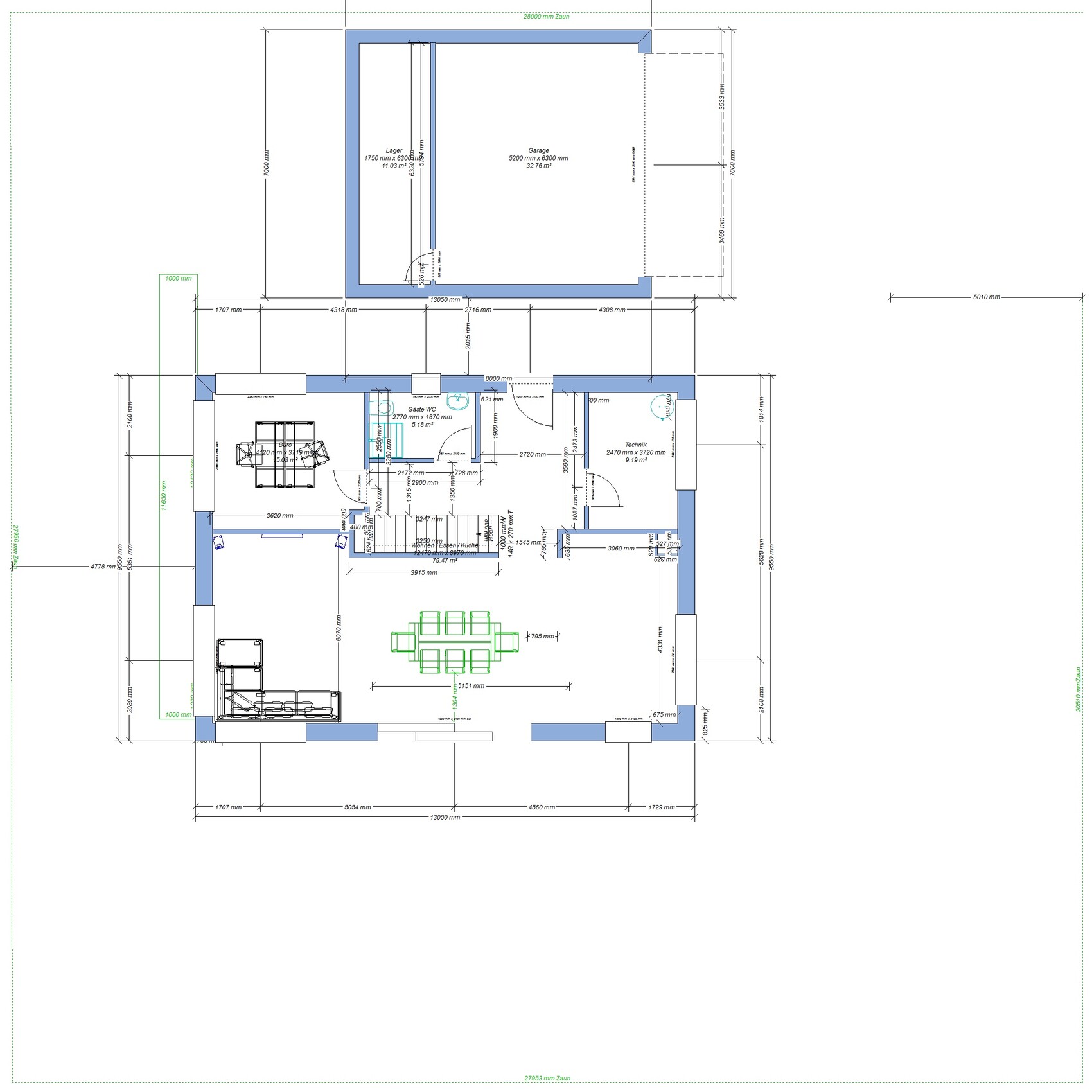 Floor plan of a house: living/dining area with dining table, kitchen, bathroom, office, stairway, garage (above)