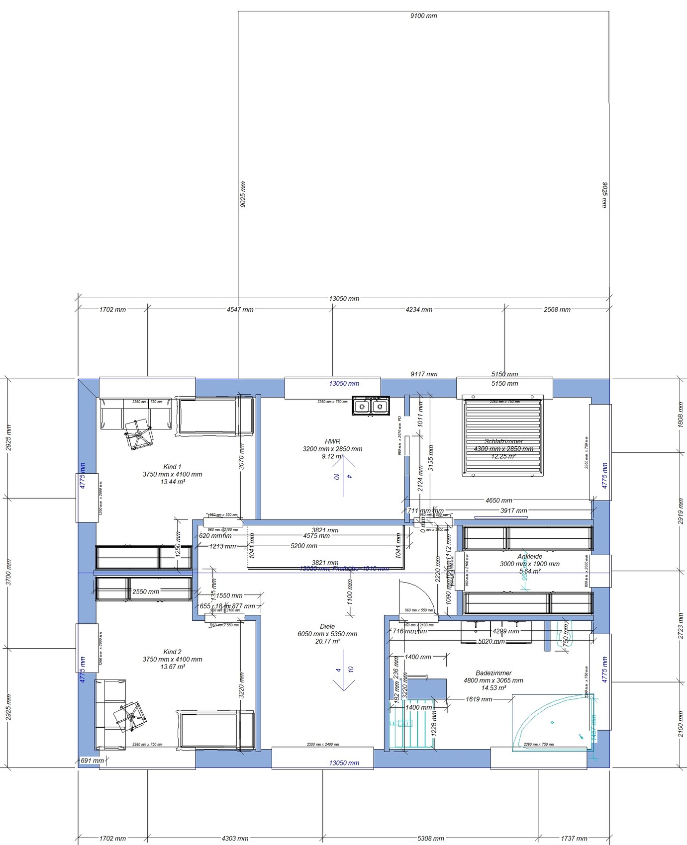 Floor plan of a house: bedroom, two children’s rooms, hallway, bathroom, utility room, dressing room.