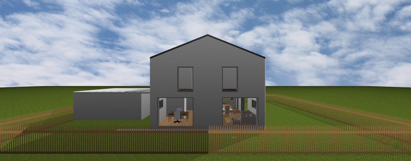 Modern gray house with glass facades; interior visible: dining room left, living room right.