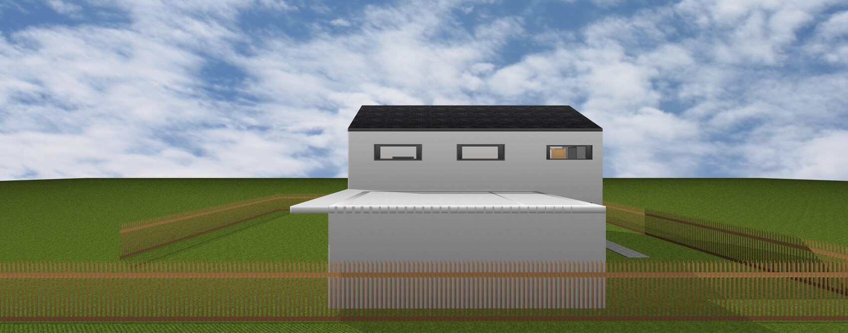 Modern two-story gray facade with flat roof, terrace and garden fence.