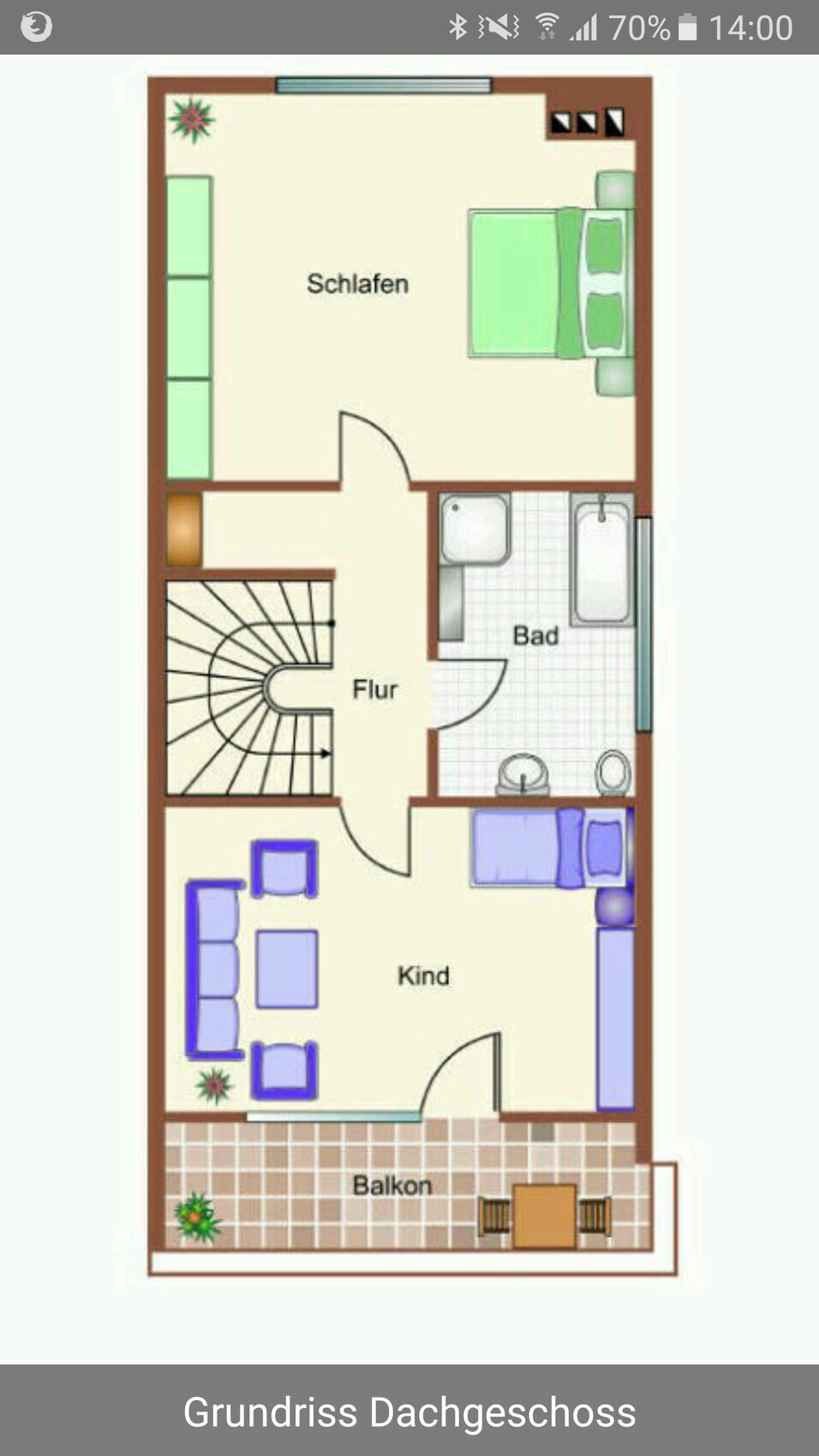 Grundriss Dachgeschoss zeigt Schlafzimmer, Bad, Kind, Balkon und Flur