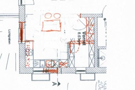 2D floor plan of a living and sleeping area with kitchen and bathroom, blueprint