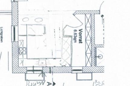 Drawn house floor plan with rooms, doors, and approximate measurements in sketches