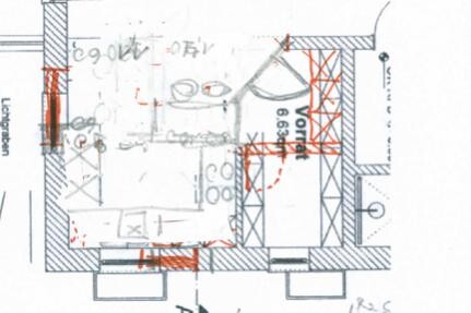Floor plan of a house showing kitchen and living area in design