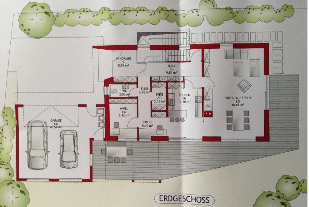 Ground floor plan: Garage, hallway, entrance hall, kitchen, pantry, WC, utility room, living/dining room, terrace.