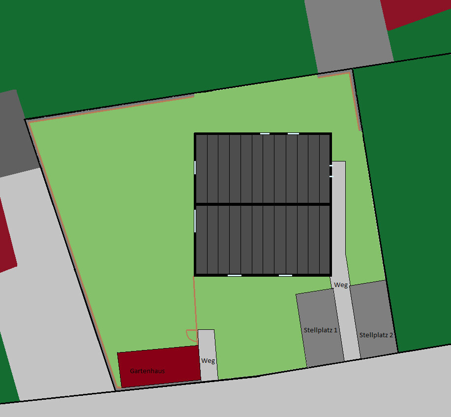 Site plan of a plot with house, garden shed, paths and parking spaces from a bird’s-eye view.
