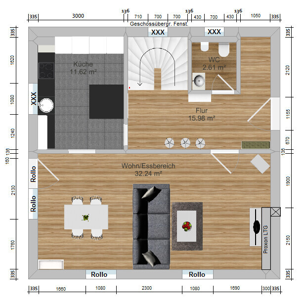 Floor plan of an apartment: kitchen on the left, living/dining area at the bottom, hallway, stairs in the middle, WC upper right