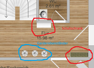 Floor plan of a hallway with shoe cabinet, coat rack, and wooden floor