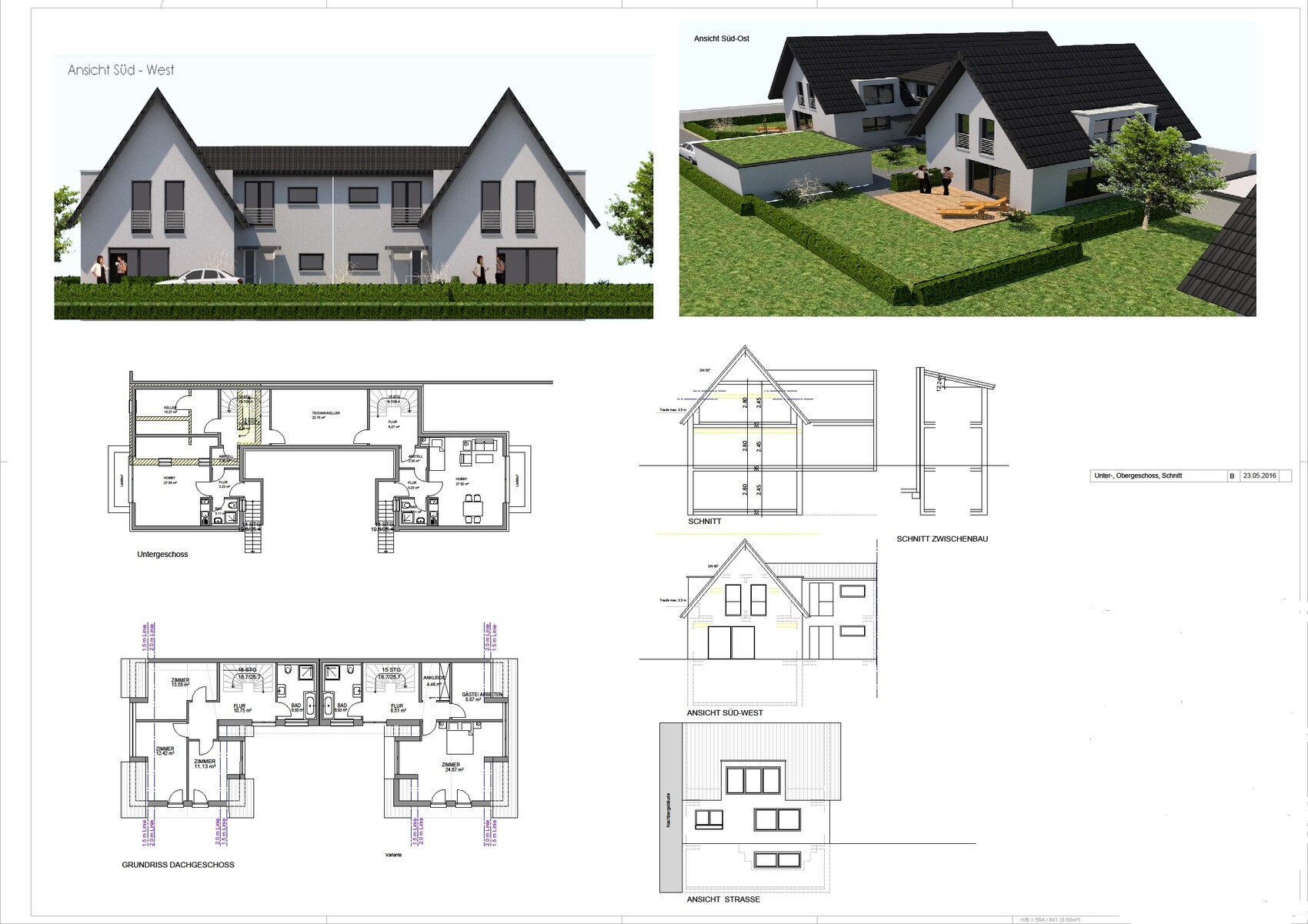 New build house with two 3D views and floor plans at the planning stage
