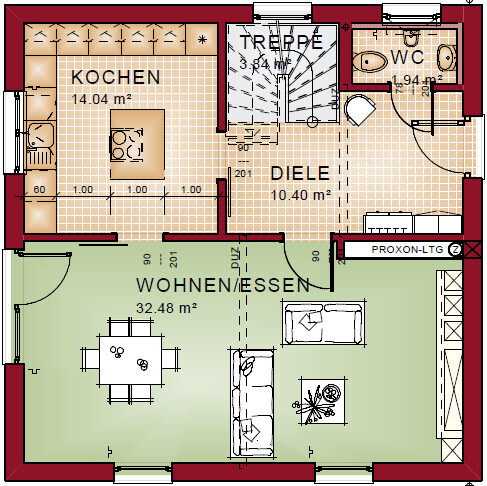 Overall floor plan of a ground floor apartment with kitchen, dining area, living room, hallway, and stairs