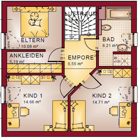 Floor plan of a family house with master bedroom, two children’s rooms, and bathroom