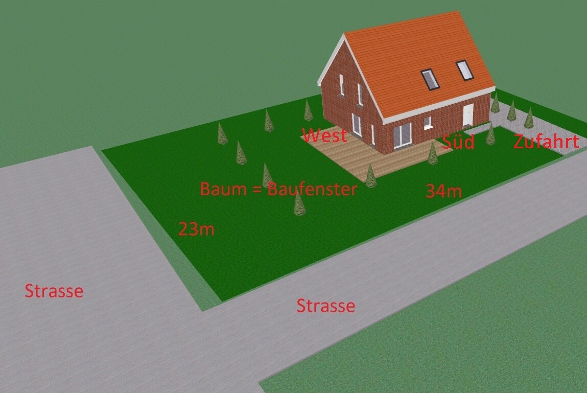 CGI single-family house on green plot with terrace, red dimension markings and surrounding streets.