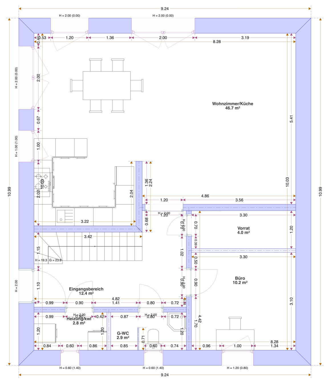 Floor plan of living room/kitchen area with pantry, office and entrance, dimensions visible.