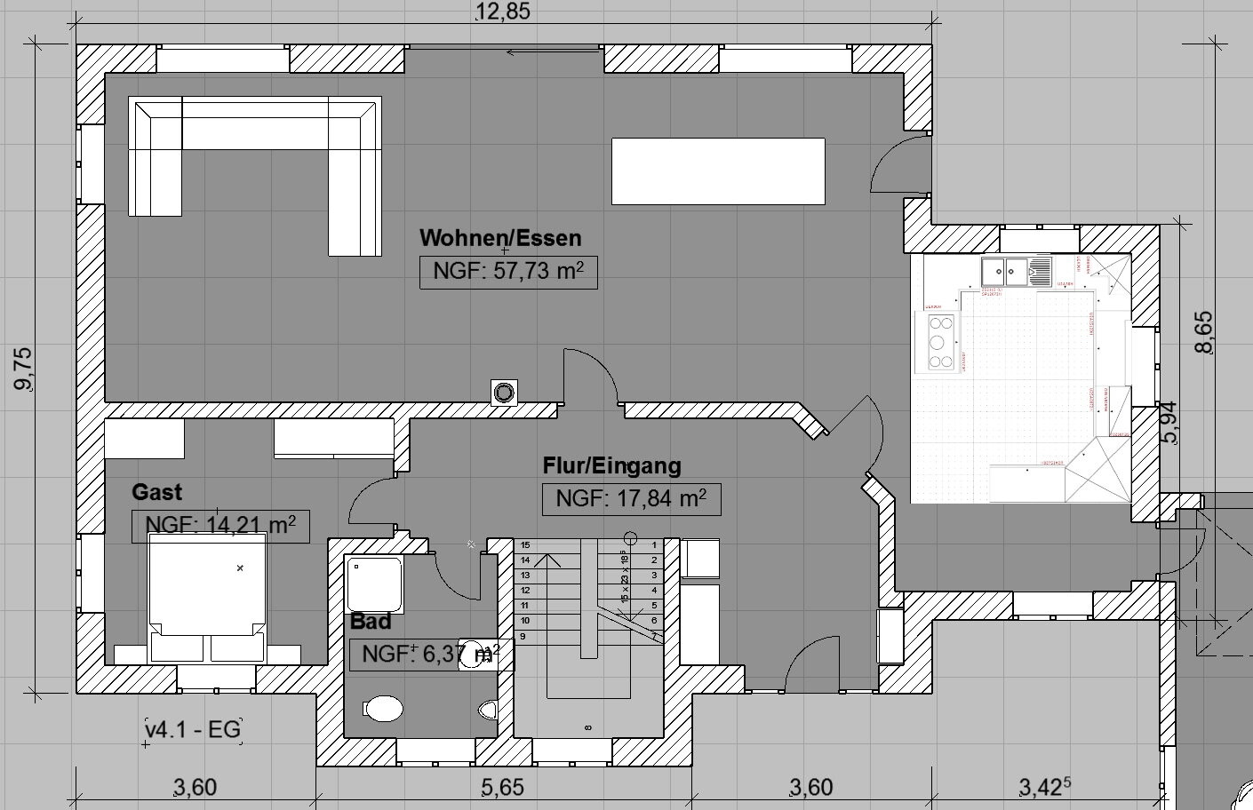 Grundriss eines Wohn- und Essbereichs mit Küche rechts, Flur/Eingang, Gästezimmer und Bad.
