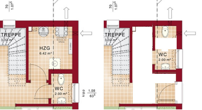 Two floor plans of a house with staircase and WC