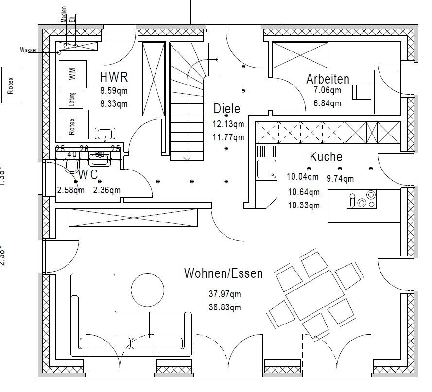 Grundriss eines Hauses: Wohnen/Essen, Küche, Arbeitszimmer, Diele, WC, HWR, Treppe