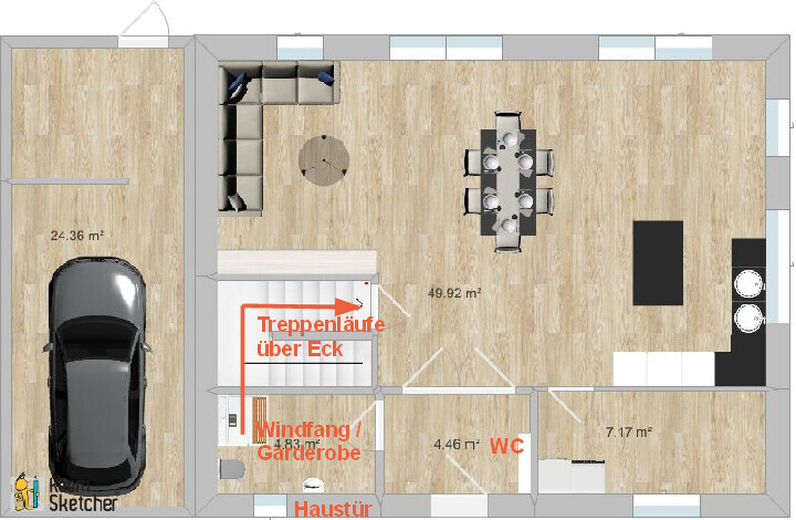 Floor plan: Garage with car on the left, entrance vestibule, front door, staircase, WC, open living/dining area.