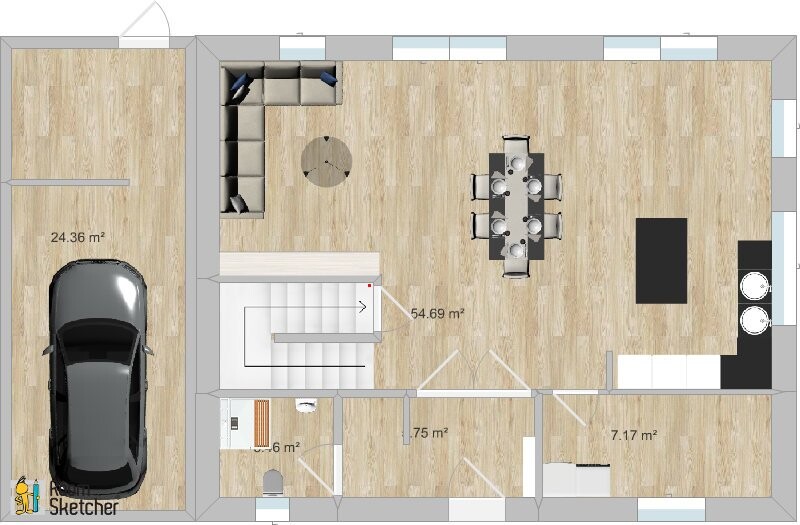 Floor plan of a house: garage on the left with car, open living, dining, and kitchen area.