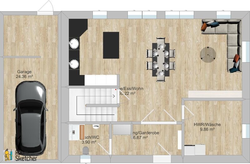 Grundriss eines Hauses: Garage links, offenes Wohnen/Essen/Küche, Flur, Treppen, HWR, Bad.